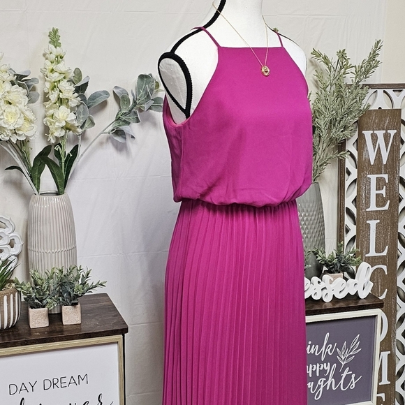 SAM EDELMAN | CHIFFON PLEATED SLEEVELESS MIDI DRESS- FUCHSIA PINK - Picture 7 of 16